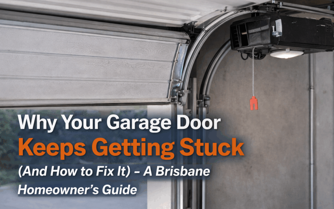 Garage door stuck in track showing rollers and motor mechanism inside residential garage